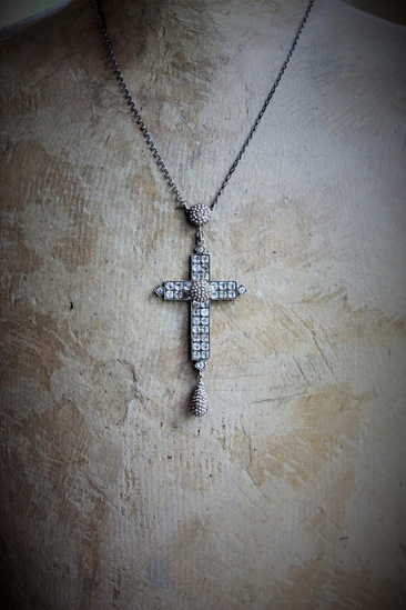 Large Rare Antique Sterling Georgian Black Dot Paste Cross Necklace w/Antique Sterling Star Punched Dome & Tear Drop ++