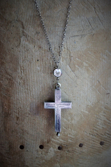 RARE Antique French Sterling Engraved Reliquary Cross Necklace w/Antique Faceted Bezel Set Rock Crystal Connector & Sterling Rolo Chain