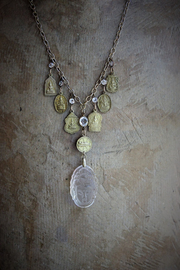 The Unity of Life Necklace w/7 Antique Buddha Sanskrit Medals,Carved Crystal Buddha,Antique Bezel Set Faceted Crystal Connectors+