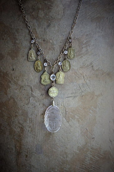 The Unity of Life Necklace w/7 Antique Buddha Sanskrit Medals,Carved Crystal Buddha,Antique Bezel Set Faceted Crystal Connectors+