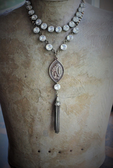 Sold to S The Apparition Necklace Set w/Rare Antique French Sculptural Bronze Marian Apparition Medal,Vintage Rivoli Crystal Chain,Antique Tassel
