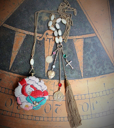 Remember Necklace Set w/Antique Mirrored Compact,Rare Antique French Medals,Antique French Mother of Pearl Rosary Beads,Chain Tassel ++