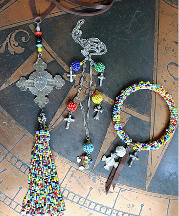 Work, Honesty, Devotion, Purity Necklace & Bracelet Set w/Amazing 1899 Sacred Heart 4 Way Cross,Antique Seed Bead Connectors,4 Sterling Crosses++