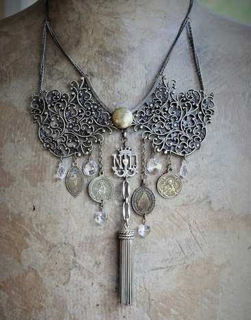Sold to E - Final Payment The Pure Strength of Faith Necklace w/Antique French Medals,Intricate Vintage Collar Findings,Antique Faceted Heart,Orb and Tear Drop
