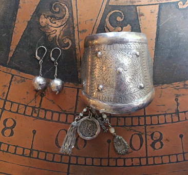 Antique Wide Sterling Engraved & Hammered Cuff Bracelet & Earring Set with Antique Medals,Sterling Tassel,Antique Sterling Cross