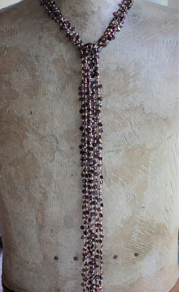 Amazing 59 inch long Faceted Garnet Lariat Tie Necklace with 14K Gold Beads