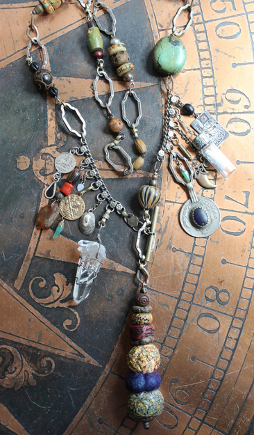 The Artifacts of Life Necklace with Multiple Unique Findings,Artisan Bead Cairn,Turquoise and Garnet Stones,Prayer Vessel,Rock Quartz Point