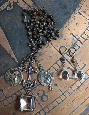 In the Name of the Father Necklace and Earring Set with Antique Bronze Medals, Cross & Unique Bronze Mesh Bezel Set Faceted Rock Crystal 