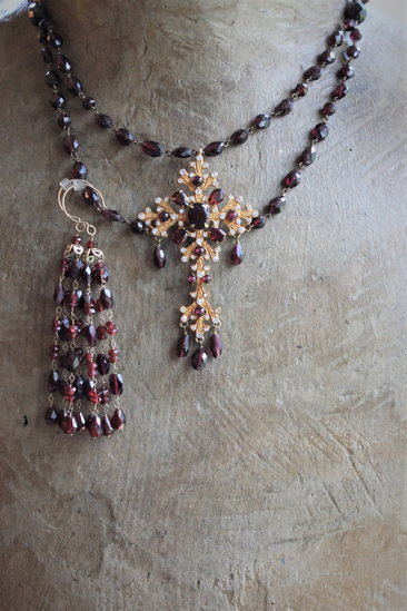 Vintage Siman Tu  Faceted Garnet Cross & Chain Necklace and Earring Set 