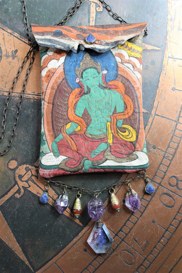 Antique Hand Painted Leather Buddhist Thangka Crossbody Pouch with Beveled Glass Cosmos Finding, Amethyst, Lapis and Carnelian Drops & Antique Chain