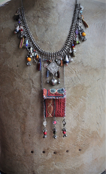 She Chooses Wisely Necklace with Small Antique Lambani Textile Pouch and Dozens of Antique & Vintage Drops, Medals and Findings