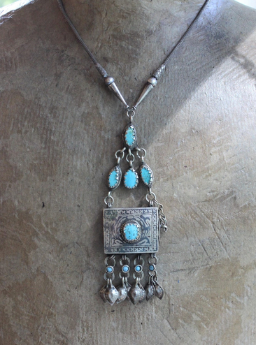 Let the Heart Sing Necklace with Unique Kuchi Gypsy Prayer Box Pendant, Turquoise Cabochons, Antique Sterling Foxtail Chain