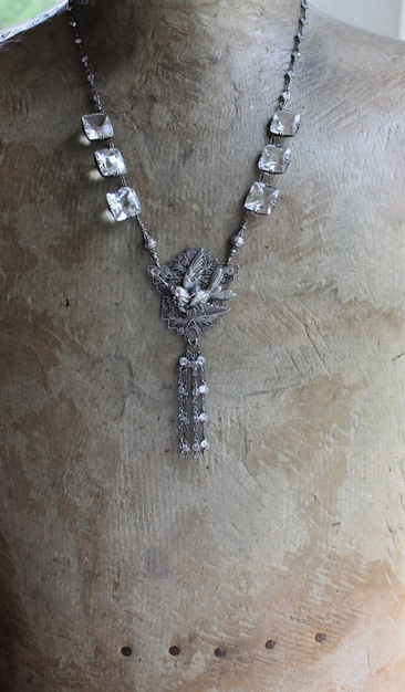 Antique Sterling Figural Swallow Bird Pendant with Antique Sterling Set Rock Crystals,Sterling Rock Crystal Chain & Tassel