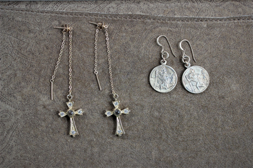 NEW! 2 Pair Earring Set with Rare Matching Antique Gold Saint Christopher Medals and Threader Look Sterling Vermeil Earrings with Antique Stanhope Crosses