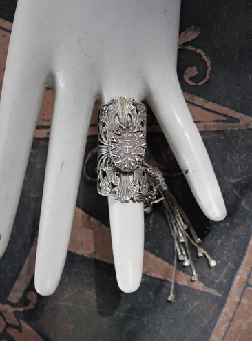 Long Vintage Filigree Ring with Antique French Sacred Heart Medal, Antique Sterling Vermeil Cross, Antique Faceted Rock Crystal Drop & Crystal Chain Tassel