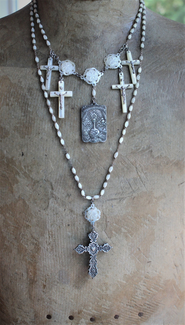 The Reparation Necklace with Beautiful French Reparations Medal,Sacred Heart Cross,Antique French Mother of Pearl Crucifixes,Antique Carved Mother of Pearl Findings