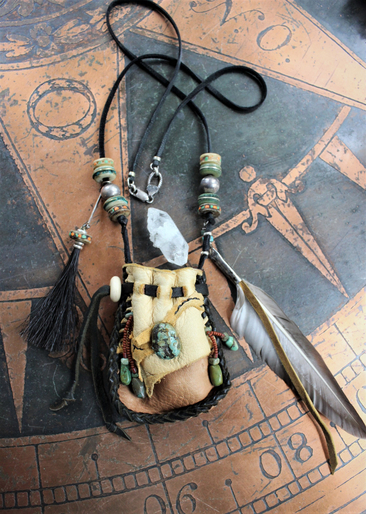 The Healing Necklace with Artisan Leather Pouch, Rare Double Point Rock Quartz, Turquoise Stones, Horse Hair and Feather Dangles,Antique Sterling Beads,Tibetan Bone Beads