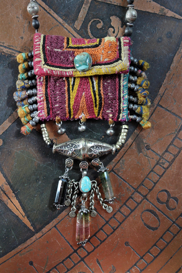 The Shield Necklace with Amazing Lambani Textile Pouch,Faceted Barrel Tourmaline,Twilight Triangle Goldstone, Turquoise and More!