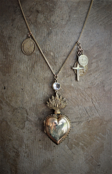 Rare Antique French Flaming Ex Voto Heart Locket Necklace with Rare Small Antique French Penin Lyon Guardian Angel Medal,Antique Cross,Bezel Set Rock Crystal, and Foxtail Chain