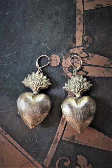 Petit Antique French Engraved Saint Anne and Mary Flaming Heart Ex Voto Locket Earrings