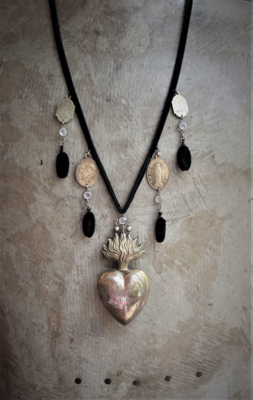 Antique French Engraved St. Anthony of Padua Ex Voto Heart Locket Necklace w/Antique Black Silk Velvet Chain and Oval Poms,Antique French Medals,Bezel Set Faceted Crystal Connectors