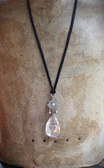 The Truth Necklace with Amazing Faceted Rock Quartz Tear Drop, Engraved 8 Point Star Connector, Butter Soft Black Suede Leather Ties
