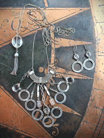 NEW! Your Destiny Necklace Set w/Sterling Engraved Values Findings,Multiple Faceted Crystal Drops,MOP Beads,Sterling Chains,Sterling Earring Wires