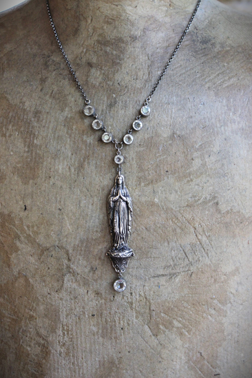 NEW! Antique French Benetier Marian Pendant Necklace with Antique Bezel Set Faceted Crystal and Sterling Rolo Chain