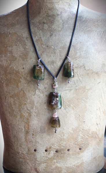 Faceted Watermelon Tourmaline Necklace with Butter Soft Black Leather Ties