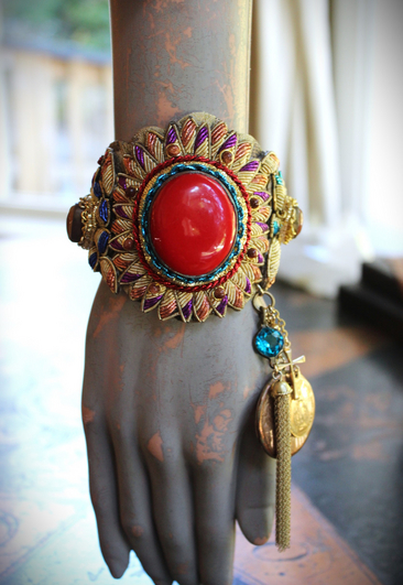 NEW! Antique Real Gold Metal & Gemstone Red Coral Textile Cuff Bracelet with Antique Rolled Gold Locket,Antique French Marian Medal & More!
