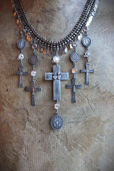 The Stigmata Necklace with Antique French Crosses,Wounds of Christ Medals,Antique Bezel Set Faceted Crystal Connectors & More!