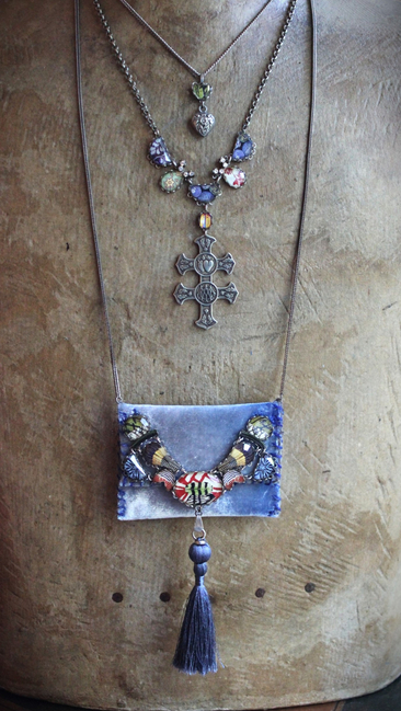 3 Strand Necklace with Ombre Silk Velvet Pouch,Unique Bevelled Glass Findings,Antique French Flaming Sacred Heart Cross of Lorrain, Victorian Puff Heart