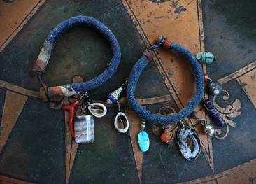 Hand Stitched Antique Loomed Serape Textile Layering Bracelet Set with Antique Thangka Painted Leather Caps, Sliced Geode Druzy,Polished Amethyst Drop and More!