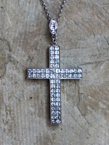 Exceptional & Rare Antique Faceted Georgian Paste Cross Necklace with Sterling Chain & Antique Rose Cut Georgian Paste Bale
