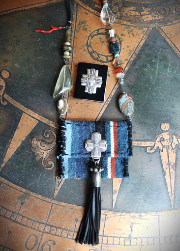 Antique Loomed Serape Textile Pouch Necklace with Blessing and Prayer Book, Multiple Gemstones, Butter Soft Black Leather Ties