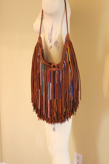 Rare En Shalla Leather and Bead Fringe Bag