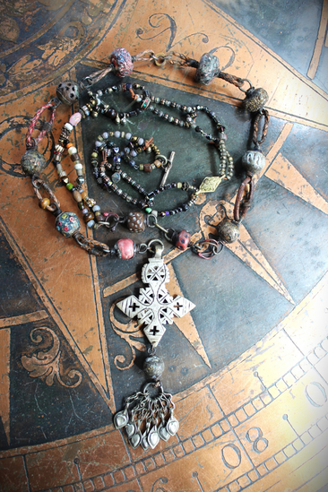 The Divine Lariat Necklace with Amazing Hand Made Beads, Antique Silver Coptic Cross, Sterling Toggle 