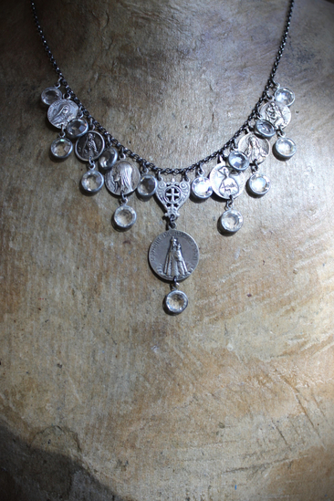 Rare Antique French Our Lady of Myans Necklace with Multiple Antique French Medals,Sterling Cross Connector, Faceted Crystal Drops and Sterling Chain