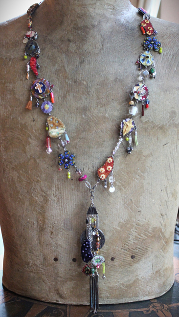 SOLD to J The Color of Thoughts Necklace with Intricate Goddess Pendant, Dozens of Unique Artisan Findings, Drops, and Beads