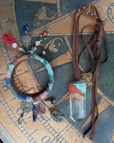 Invite Them In Necklace & Bracelet Set with Antique Hand Painted Thangka,Ghost Quartz Point Pendant,Carved Tourmaline Buddha,Foxtail Chain Tassel,Antique Buddha Medal & Much More!