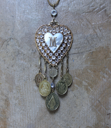 Rare Antique French Ex Voto Rhinestone Locket Necklace with Antique French Medals,Sterling Vermeil Foxtail Chain and 14K Gold Clasp