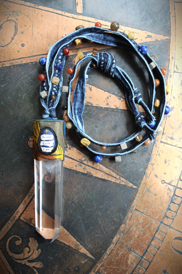Sold to J The Vision of Enoch Necklace with Clear Quartz Point, Distressed Denim Chain, Handsewn Stones