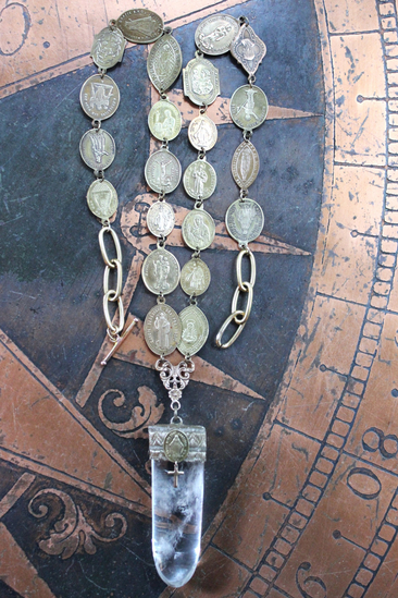 NEW!  Through You Necklace with Polished Clear Ghost Quartz Pendant, Antique French Vestment Trim, and 22 Antique French Medals