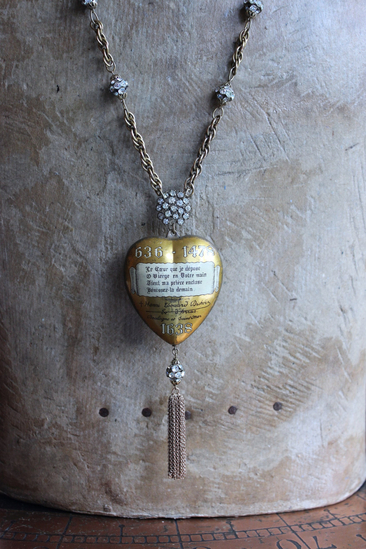 Rare 1938 French Sacred Heart Locket Necklace with 2 Antique Scapulars,Vintage Faceted Rhinestone Connectors and Chain Tassel