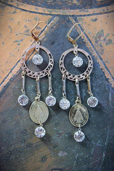 Antique French Marian Medal Earrings with Vintage Findings,Cup and Prong Set Faceted Rhinestones,Leverback Earring Wires