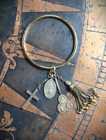 14K Italian Gold Bangle Bracelet w/Antique Marian Medal,Antique Foxtail Tassel,Rare Antique Sterling Vermeil Scapular Medal & Antique Engraved Rolled Gold Cross