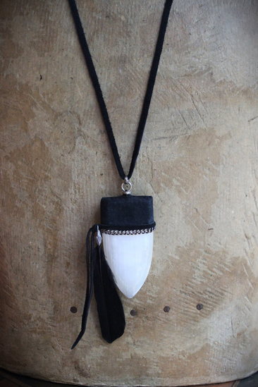 SOLD to J The Portal Necklace with Unusual Selenite Shield Pendant, Raven Wing Feather and Black Suede Leather Ties