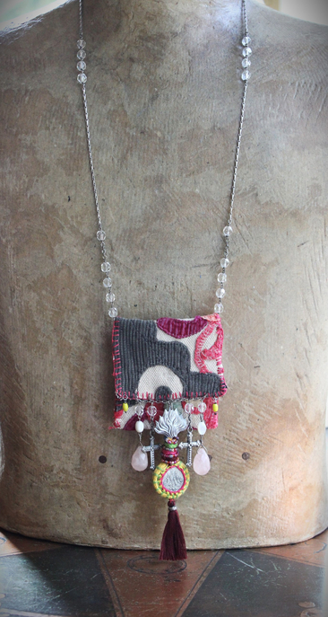Antique Corduroy Textile Pouch Necklace with Unique Tassel,Faceted Rose Quartz Tear Drops,Antique Rosary Fragments,Antique Scapular & More!