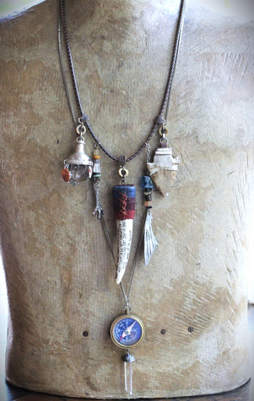 Prayer of the 7 Directions Necklace Set w/Inscribed Antler Pendant,Unique Clear Quartz Point Drop, Antique Arrowhead, Compass & More!