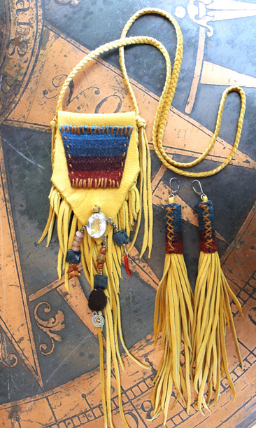 Butter Soft Leather Pouch Necklace & Earring Set w/Antique Serape Textile Fragments, Sterling Bezel Set Faceted Rock Crystal, Polished Kyanite & More!